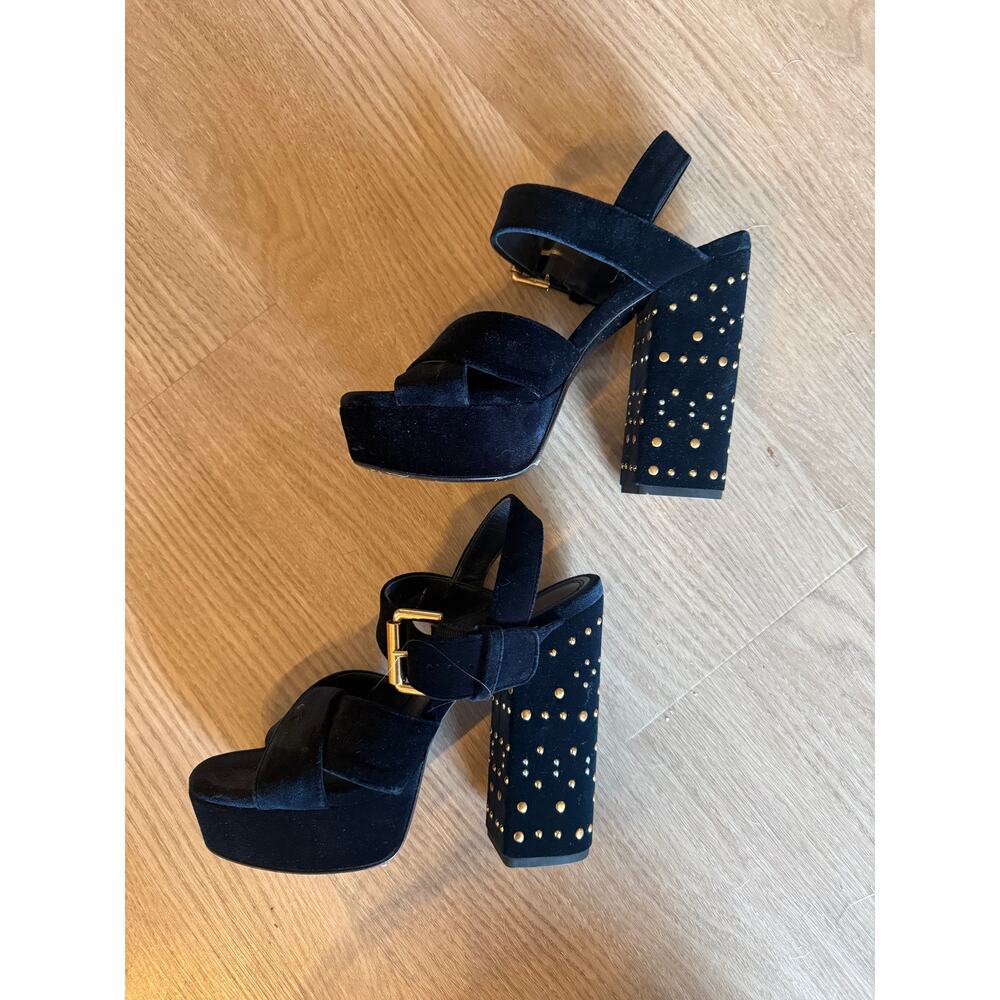 Maje Suede Block Heels in Night Blue with Studs